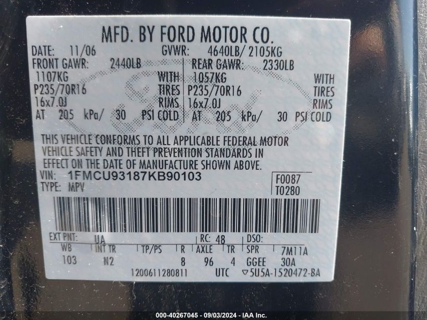 2007 Ford Escape Xlt/Xlt Sport VIN: 1FMCU93187KB90103 Lot: 40267045