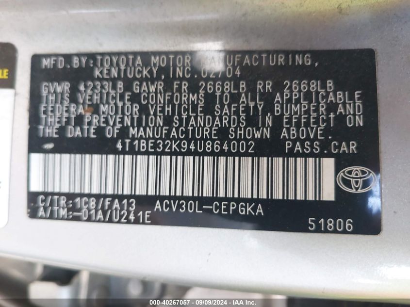 4T1BE32K94U864002 2004 Toyota Camry Xle