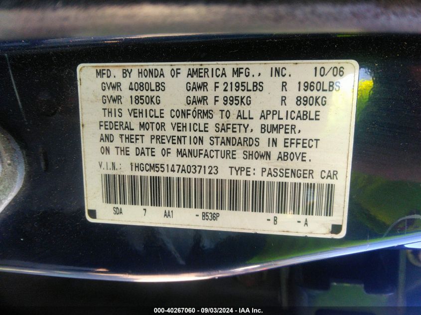 2007 Honda Accord 2.4 Vp VIN: 1HGCM55147A037123 Lot: 40267060