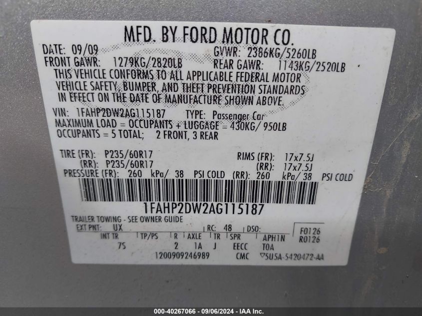 1FAHP2DW2AG115187 2010 Ford Taurus Se