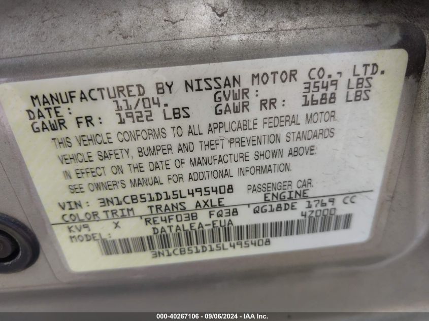 2005 Nissan Sentra 1.8S VIN: 3N1CB51D15L495408 Lot: 40267106