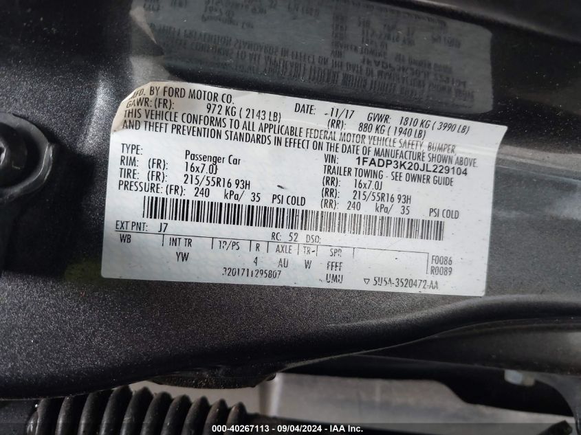 2018 FORD FOCUS SE - 1FADP3K20JL229104