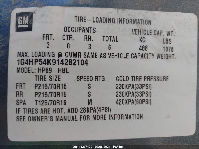 2001 Buick Lesabre Custom VIN: 1G4HP54K914282104 Lot: 40267120