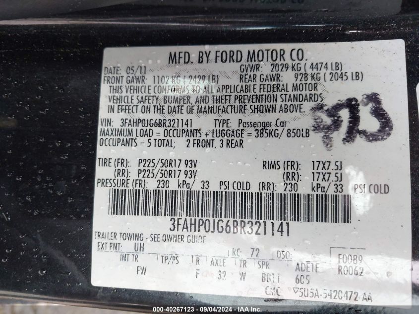 2011 Ford Fusion Sel VIN: 3FAHP0JG6BR321141 Lot: 40267123