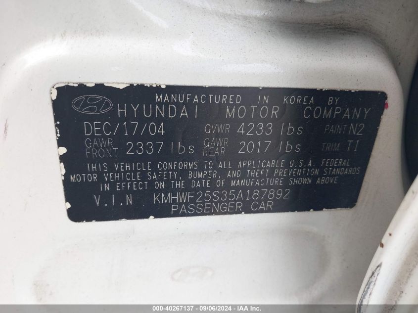 KMHWF25S35A187892 2005 Hyundai Sonata Gl