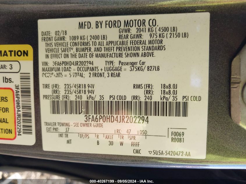 2018 Ford Fusion Se VIN: 3FA6P0HD4JR202294 Lot: 40267199