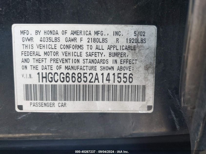 1HGCG66852A141556 2002 Honda Accord 2.3 Ex/2.3 Se