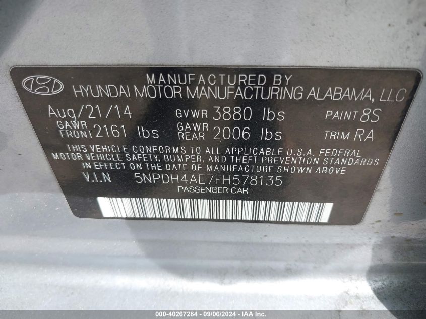 2015 Hyundai Elantra Limited VIN: 5NPDH4AE7FH578135 Lot: 40267284