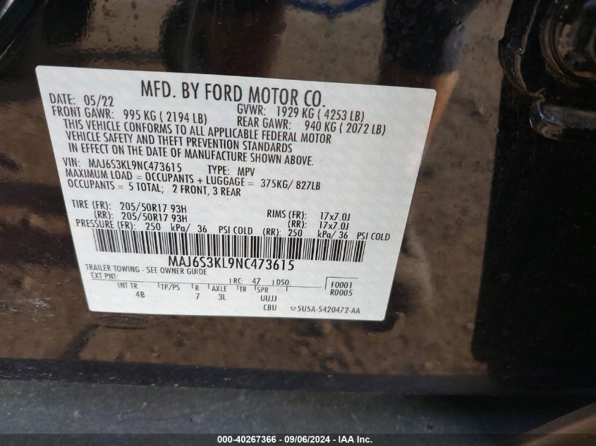 MAJ6S3KL9NC473615 2022 Ford Ecosport Titanium