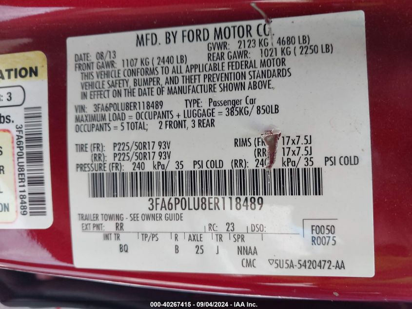 2014 Ford Fusion Hybrid Se VIN: 3FA6P0LU8ER118489 Lot: 40267415