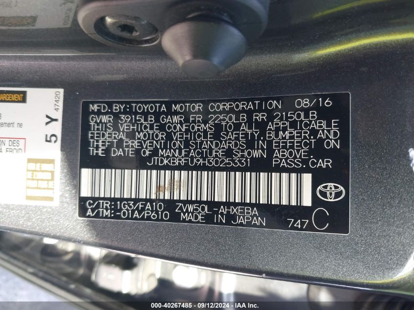 2017 Toyota Prius Two VIN: JTDKBRFU9H3025331 Lot: 40267485