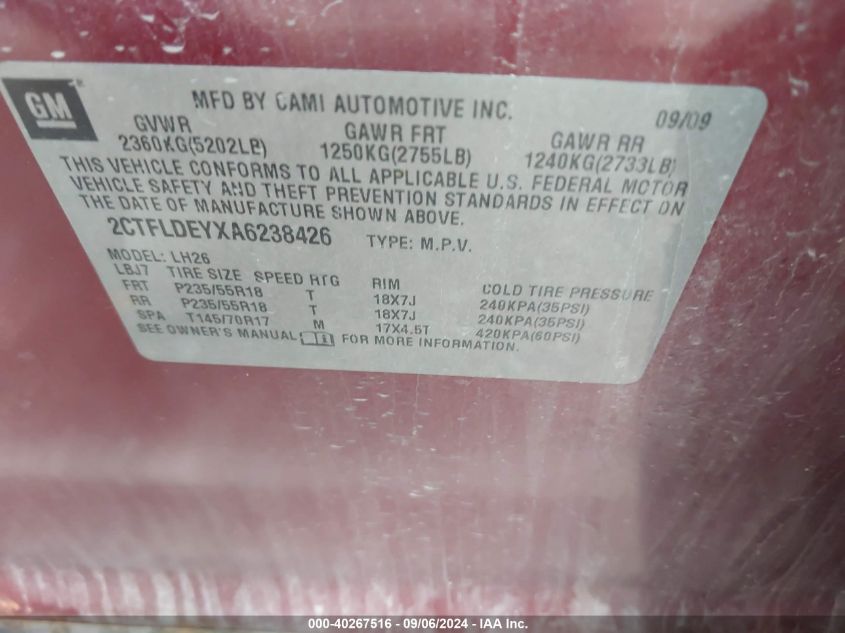 2010 GMC Terrain Sle-2 VIN: 2CTFLDEYXA6238426 Lot: 40267516