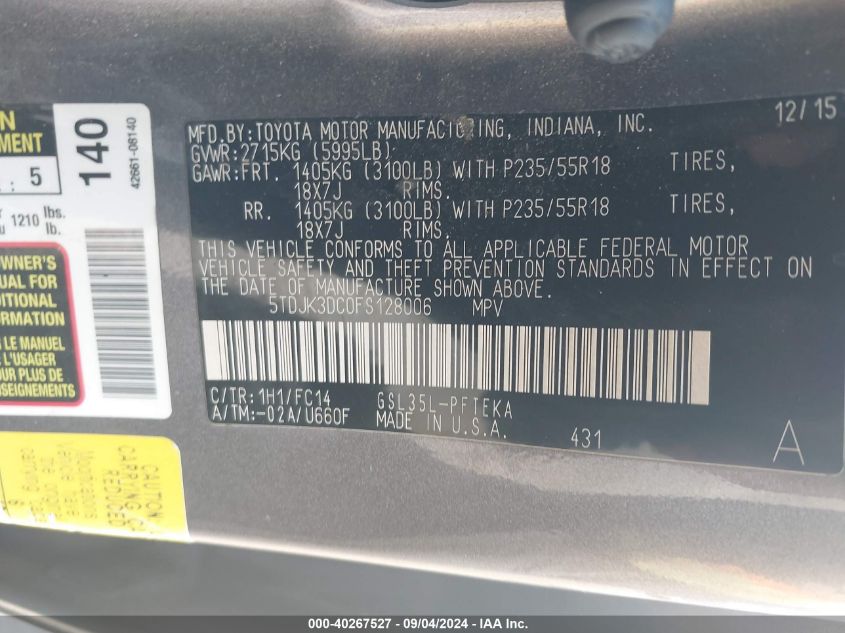 5TDJK3DC0FS128006 2015 Toyota Sienna Le 7 Passenger