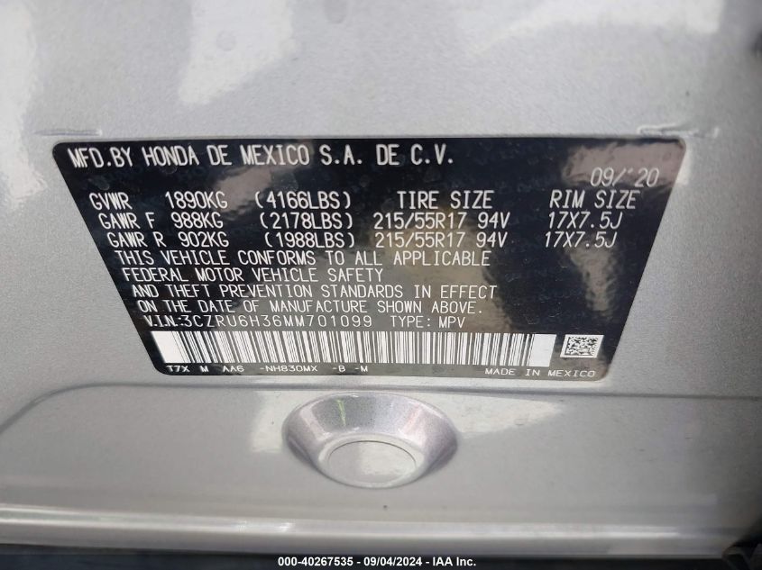 2021 Honda Hr-V Lx VIN: 3CZRU6H36MM701099 Lot: 40267535