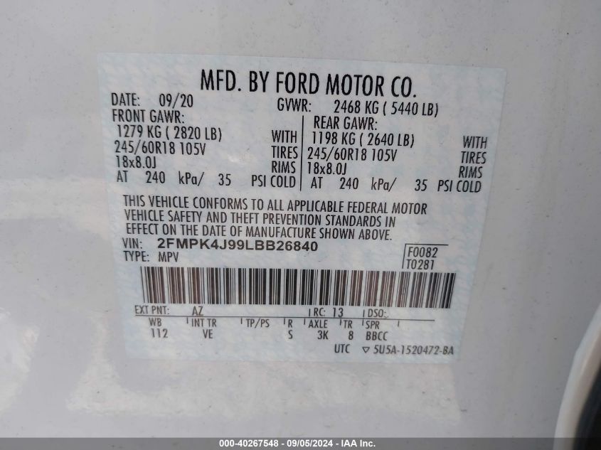 2020 Ford Edge Sel VIN: 2FMPK4J99LBB26840 Lot: 40267548