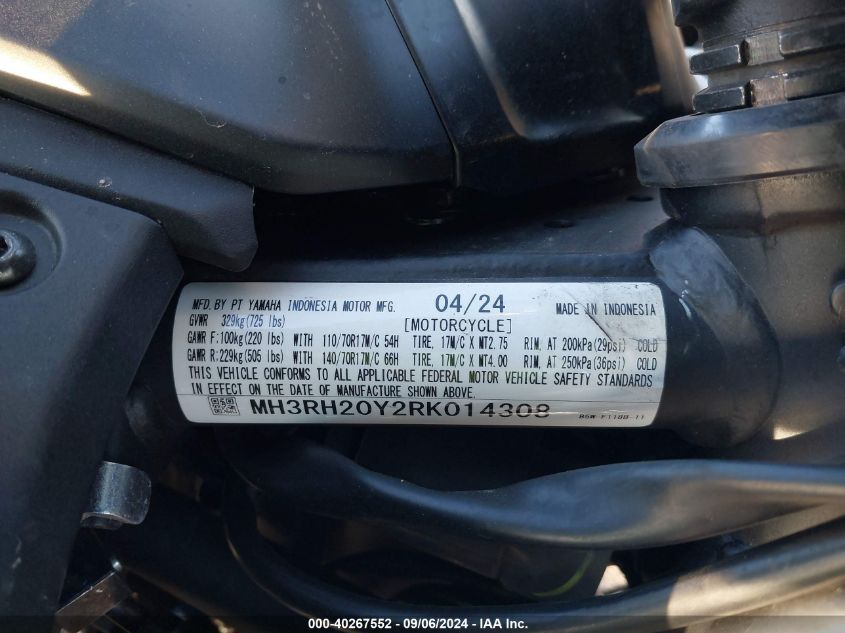 2024 Yamaha Mt-03 VIN: MH3RH20Y2RK014308 Lot: 40267552