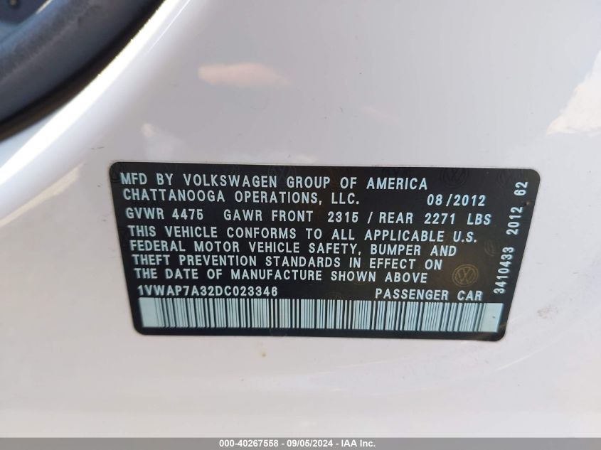 2013 Volkswagen Passat 2.5L S VIN: 1VWAP7A32DC023346 Lot: 40267558