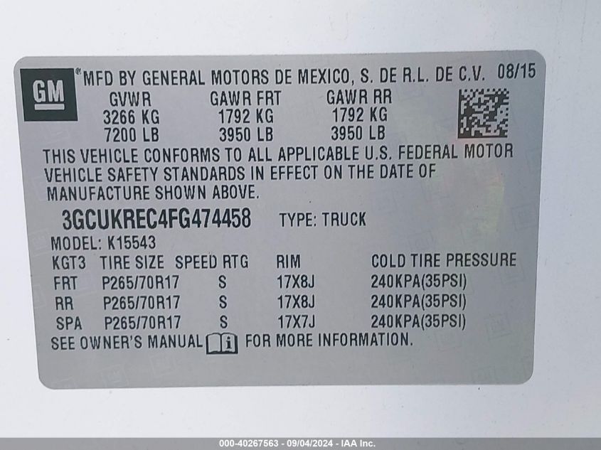 3GCUKREC4FG474458 2015 Chevrolet Silverado 1500 2Lt