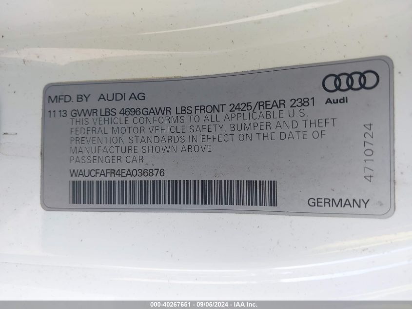 2014 Audi A5 Premium VIN: WAUCFAFR4EA036876 Lot: 40267651