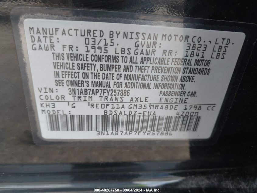 2015 Nissan Sentra Sv VIN: 3N1AB7AP7FY257886 Lot: 40267750