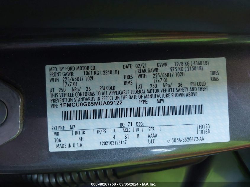 1FMCU0G65MUA09122 2021 Ford Escape Se