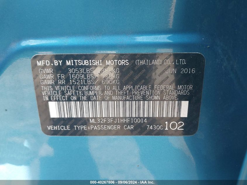 ML32F3FJ1HHF10014 2017 Mitsubishi Mirage G4 Es