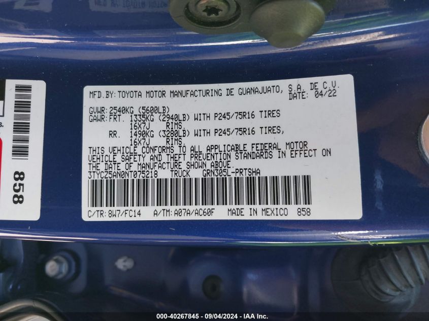 2022 Toyota Tacoma Sr5 V6 VIN: 3TYCZ5AN0NT075218 Lot: 40267845