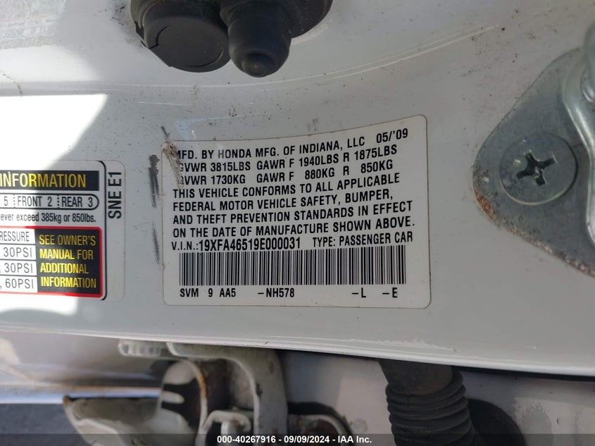 2009 Honda Civic Gx VIN: 19XFA46519E000031 Lot: 40267916
