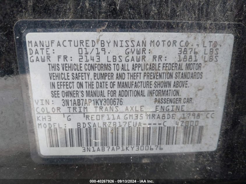 3N1AB7AP1KY300676 2019 Nissan Sentra Sr