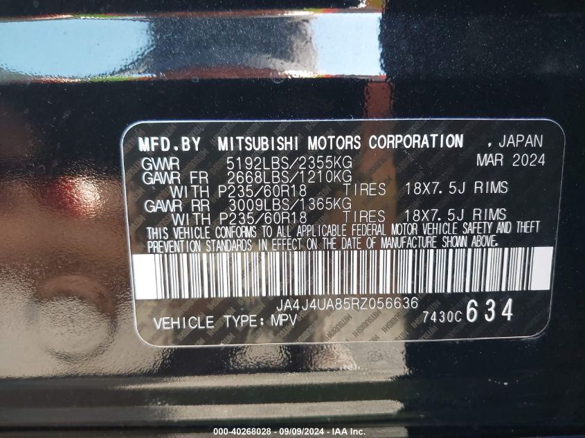 2024 Mitsubishi Outlander Es 2.5 S-Awc VIN: JA4J4UA85RZ056636 Lot: 40268028