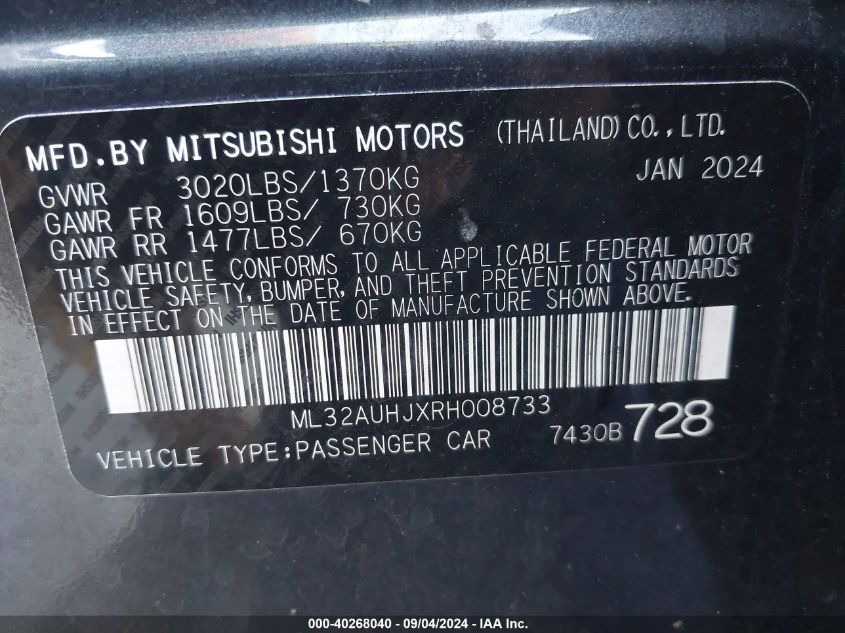 ML32AUHJXRH008733 2024 Mitsubishi Mirage Es/Le