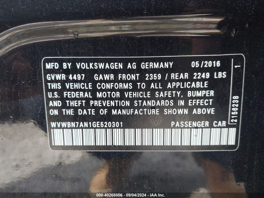 WVWBN7AN1GE520301 2016 Volkswagen Cc 2.0T R-Line