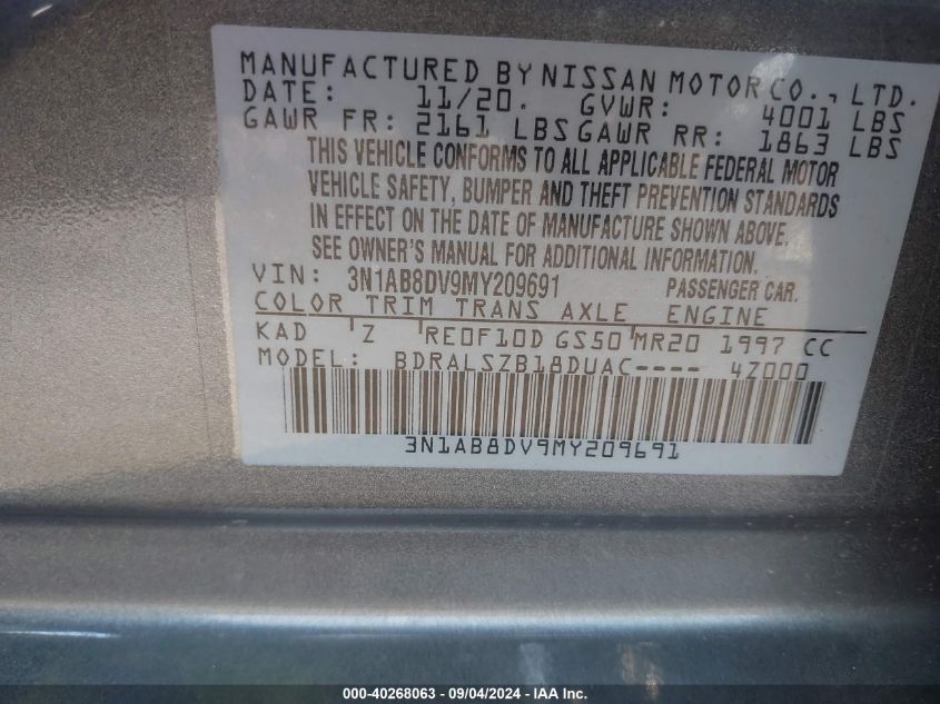 2021 Nissan Sentra Sr Xtronic Cvt VIN: 3N1AB8DV9MY209691 Lot: 40268063