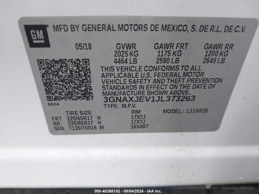 3GNAXJEV1JL373263 2018 Chevrolet Equinox Lt