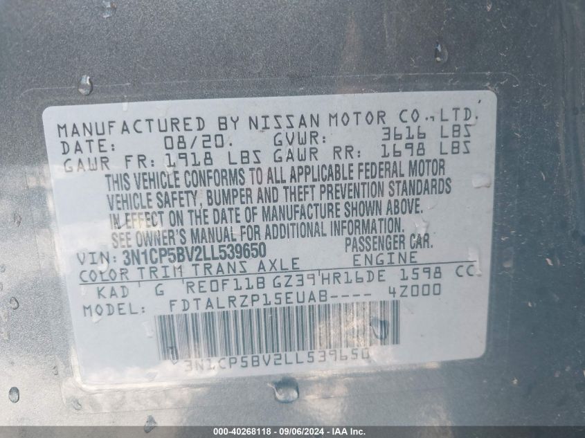 3N1CP5BV2LL539650 2020 Nissan Kicks S Xtronic Cvt