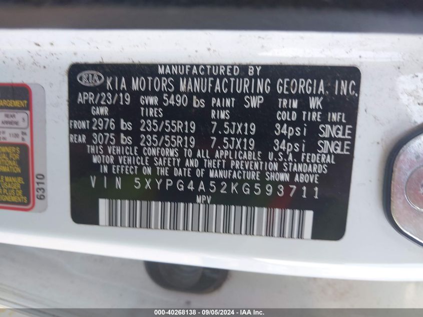 2019 Kia Sorento Lx/S VIN: 5XYPG4A52KG593711 Lot: 40268138