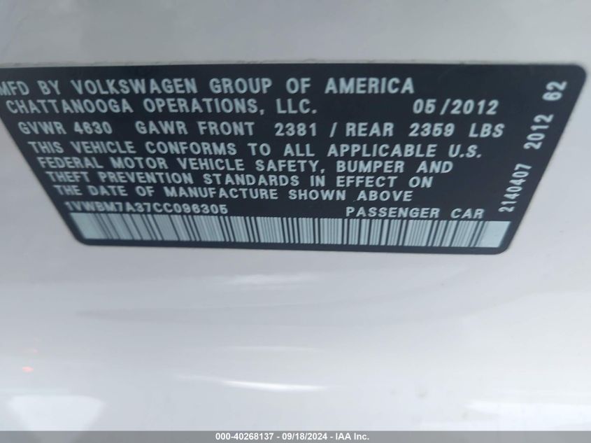 1VWBM7A37CC096305 2012 Volkswagen Passat Se W/Sunroof