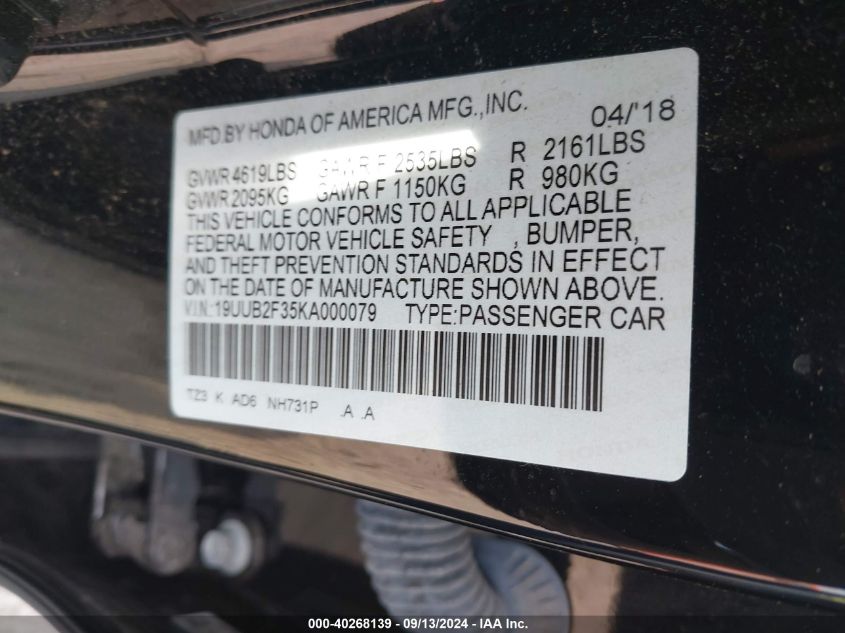 2019 Acura Tlx VIN: 19UUB2F35KA000079 Lot: 40268139