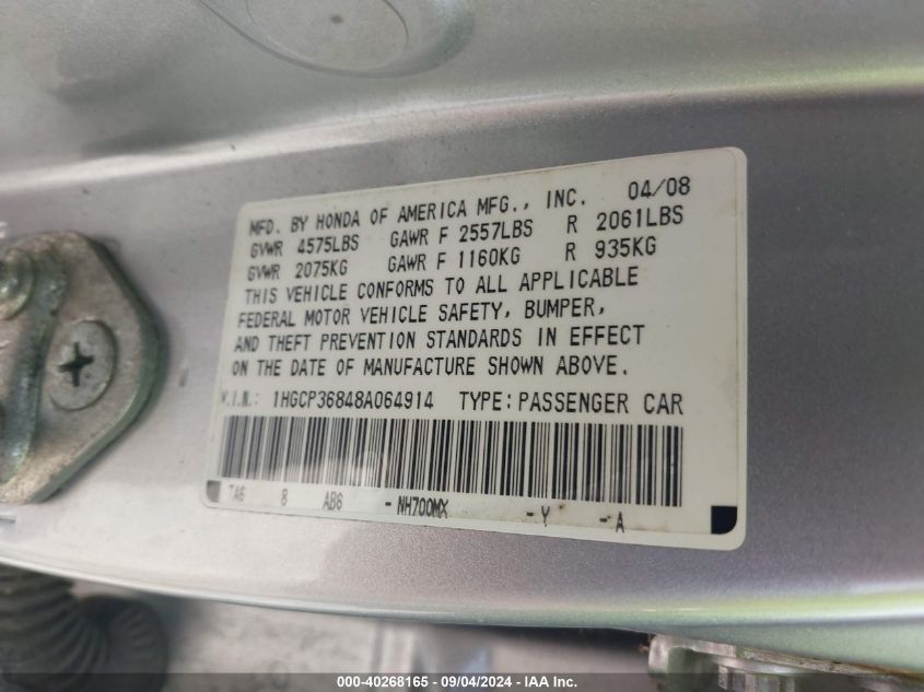 1HGCP36848A064914 2008 Honda Accord 3.5 Ex-L