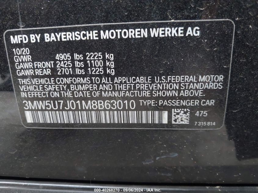 2021 BMW 3 Series M340I VIN: 3MW5U7J01M8B63010 Lot: 40268270