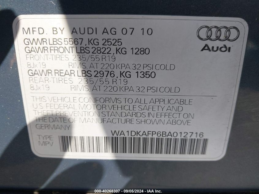 2011 Audi Q5 3.2 Premium Plus VIN: WA1DKAFP6BA012716 Lot: 40268307