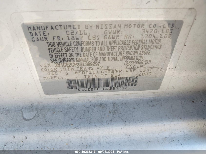 2016 Nissan Versa Note S (Sr)/S Plus/Sl/Sr/Sv VIN: 3N1CE2CP3GL389297 Lot: 40268316