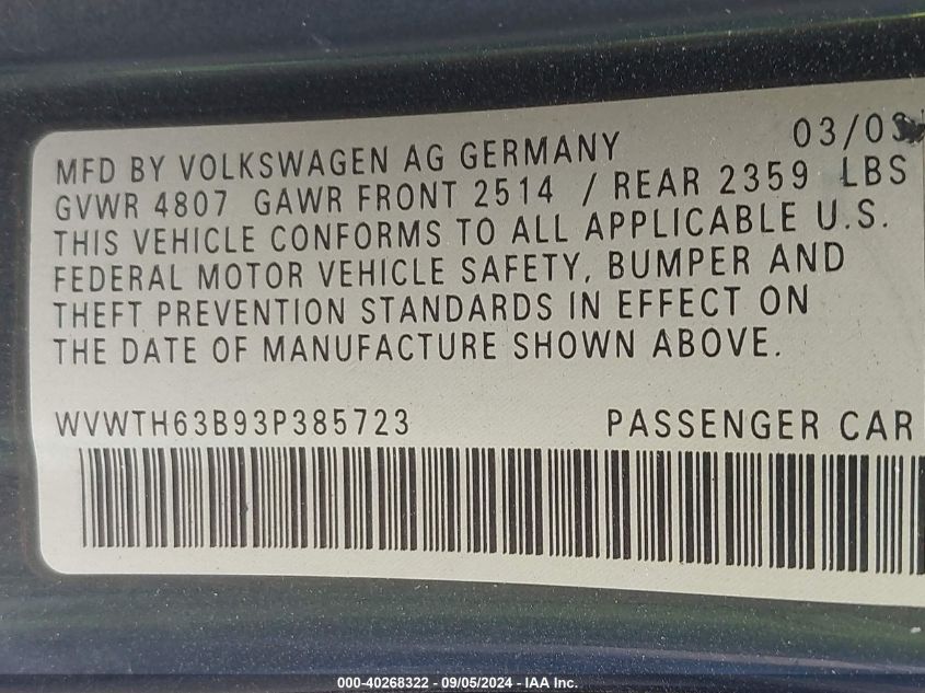 WVWTH63B93P385723 2003 Volkswagen Passat Glx