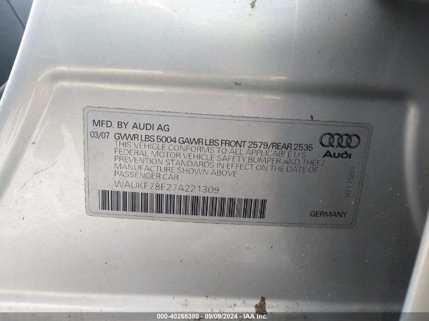 WAUKF78E27A221309 2007 Audi A4 2.0T Avant