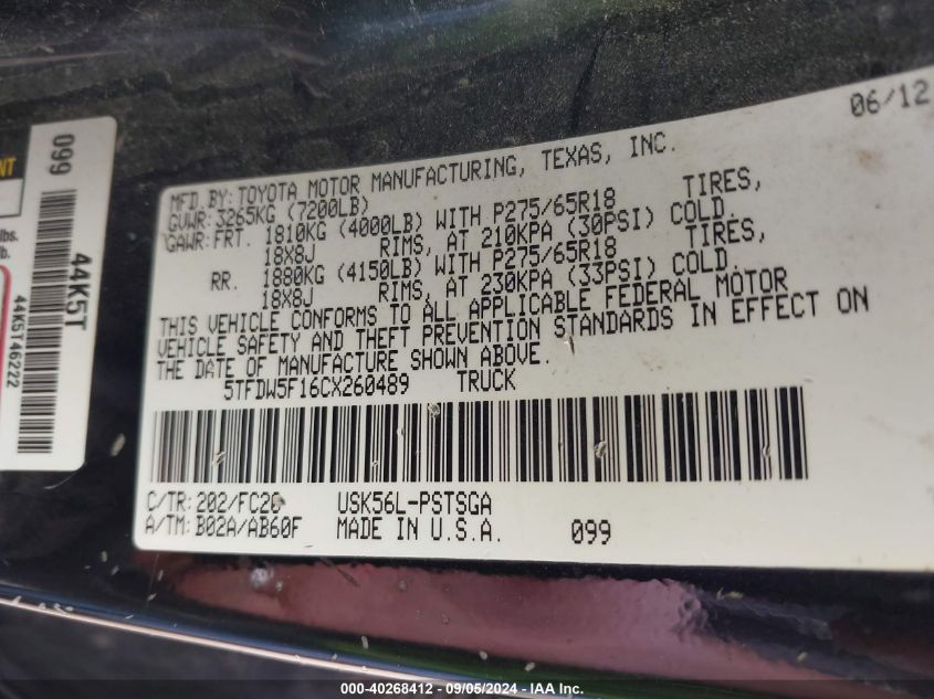 5TFDW5F16CX260489 2012 Toyota Tundra Grade 5.7L V8