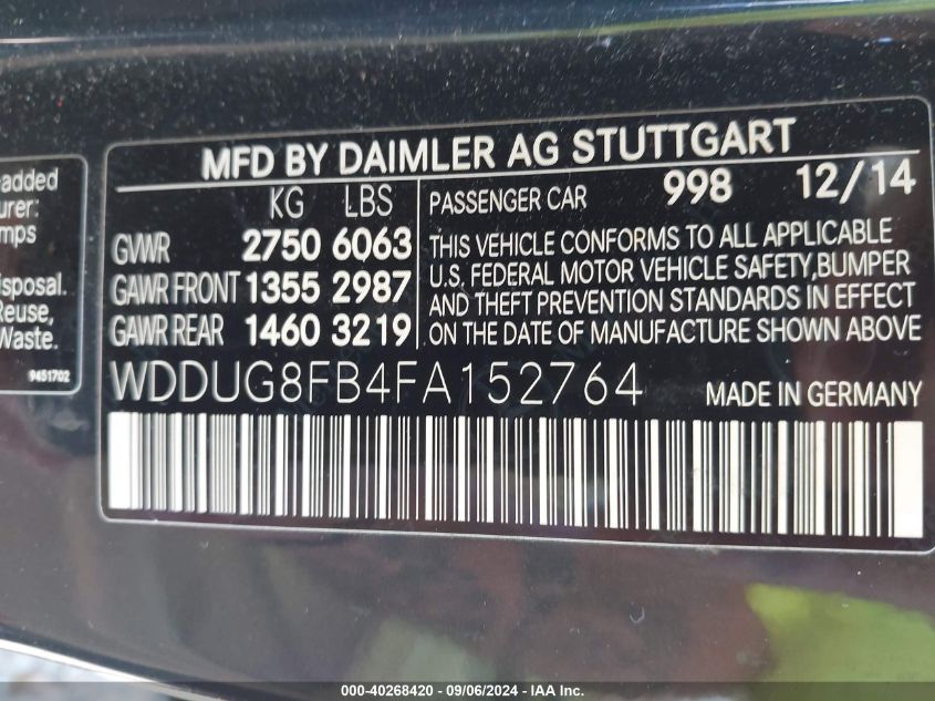 2015 Mercedes-Benz S 550 4Matic VIN: WDDUG8FB4FA152764 Lot: 40268420