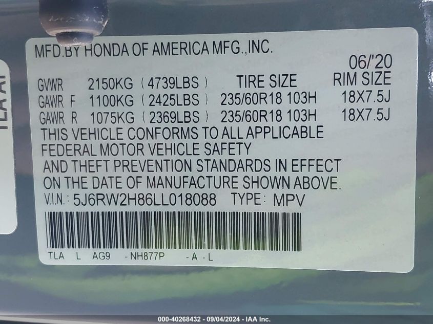 2020 Honda Cr-V Awd Ex-L VIN: 5J6RW2H86LL018088 Lot: 40268432