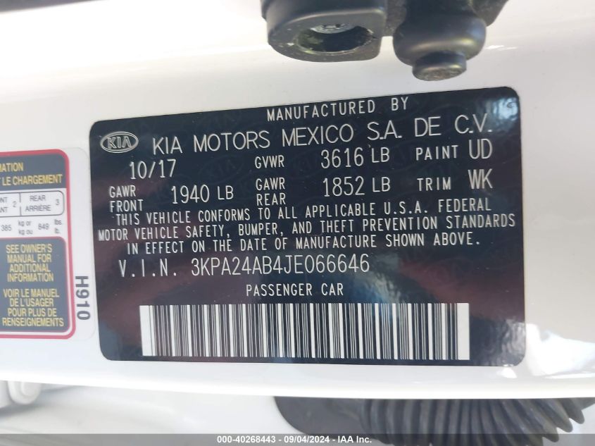 2018 Kia Rio S VIN: 3KPA24AB4JE066646 Lot: 40268443