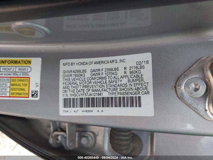 1HGCV1F57JA121841 2018 Honda Accord Ex-L