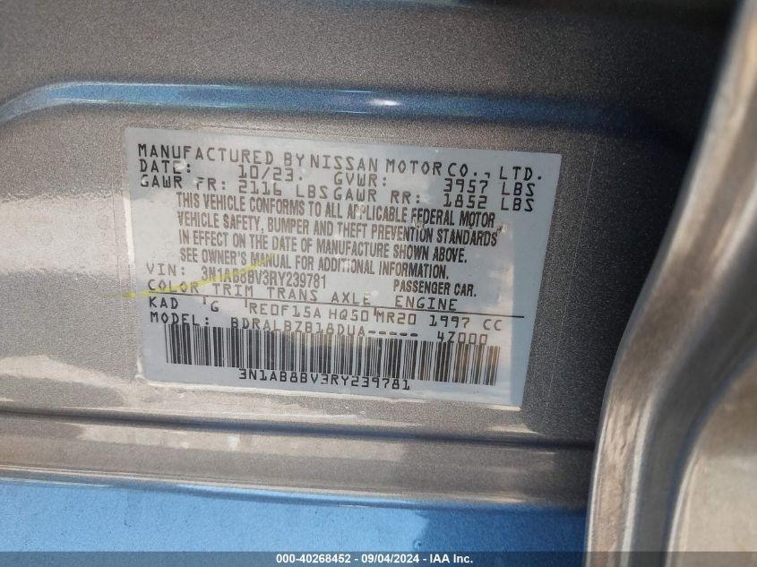 2024 Nissan Sentra S Xtronic Cvt VIN: 3N1AB8BV3RY239781 Lot: 40268452